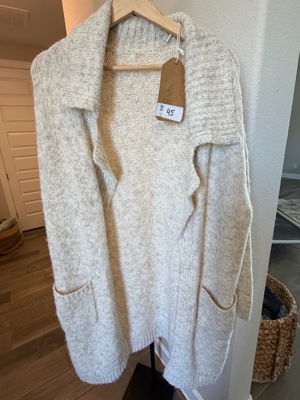 Open-Front Cream Knit Cardigan with Patch Pockets